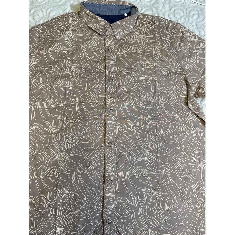 Mens SS Snap Front Shirt Brown Palm Leaf Organic Cotton Blend Hiking Shirt Large - Picture 4 of 9